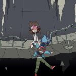  &gt;_&lt; 0_0 1boy 1girl bad_id bad_pixiv_id blue_jacket broken_fence brown_hair closed_eyes debris dewott highres hilbert_(pokemon) hilda_(pokemon) jacket nyagiratwist open_mouth pokemon pokemon_(creature) pokemon_bw teeth 