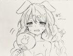  1girl animal_ear_fluff animal_ears bare_shoulders blush braid breasts carrot_hair_ornament cleavage collarbone commentary_request ears_down fanning_face fanning_self food-themed_hair_ornament hair_between_eyes hair_ornament hand_fan highres holding holding_fan hololive kiritoma leotard long_hair open_mouth paper_fan rabbit_ears short_eyebrows small_breasts solo strapless strapless_leotard sweat thick_eyebrows traditional_media translation_request twin_braids twintails uchiwa upper_body usada_pekora very_long_hair virtual_youtuber wavy_mouth 
