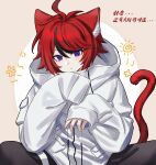  1boy ahoge animal_ears black_pants blue_eyes borrowed_clothes brown_background cat_ears cat_tail chinese_commentary highres jacket kemonomimi_mode male_focus multicolored_hair nomei pants red_hair short_hair simple_background sleeves_past_wrists solo streaked_hair sumino_takumi tail the_hundred_line_-last_defense_academy- two-tone_background white_background white_jacket 