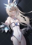  1girl animal_ears az_(zero_glvimayhop) bare_shoulders black_background black_gloves breastless_clothes breastless_leotard code:_battle_seraph_(elsword) cowboy_shot detached_collar elsword eve_(elsword) fake_animal_ears fake_tail flat_chest gloves grey_hair highres leotard long_hair looking_at_viewer mark_under_both_eyes playboy_bunny rabbit_ears rabbit_tail shadow simple_background solo tail white_leotard wrist_cuffs yellow_eyes 