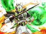  belt food fruit gunblade helmet highres jinbaori kamen_rider kamen_rider_gaim_(series) kamen_rider_zangetsu lock_seed male_focus melon nomayo solo sword weapon 