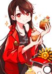  +_+ alternate_costume bare_shoulders black_hair black_hat black_shirt brown_hair candle cupcake eating food hat highres jacket long_hair mini_nobu_(fate) oda_nobunaga_(fate) red_eyes red_jacket shirt star_(symbol) star_in_eye symbol_in_eye very_long_hair yui_(tamagohan) 