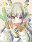  1girl arknights blue_hair brown_background closed_mouth collarbone commentary_request dragon_horns dress food green_eyes green_hair grey_hair hands_up highres holding holding_food horns jacket long_hair long_sleeves multicolored_hair notice_lines pointy_ears puffy_long_sleeves puffy_sleeves shu_(arknights) simple_background sleeves_past_wrists smile solo spring_onion strapless strapless_dress streaked_hair upper_body very_long_hair white_dress white_jacket yopi_(user_wdgp8532) 