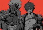  2boys abs ahoge artist_name billy_kid bleeding blood blood_from_mouth collarbone commentary cropped_jacket dog_tags english_commentary gloves greyscale_with_colored_background hair_over_one_eye hand_up highres humanoid_robot jacket jewelry lapels leather leather_jacket lighter_(zenless_zone_zero) looking_at_viewer male_focus multiple_boys necklace nipples one_eye_covered open_clothes open_jacket open_mouth parted_bangs pectorals red_background robot robot_boy s54nkasn scar scar_on_chest short_hair spiked_hair spiked_jacket spikes sunglasses twitter_username upper_body v-shaped_eyebrows zenless_zone_zero 