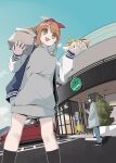  4girls :3 afro_(kngotezo) amamiya_satsuki_(mono) bag black_hair black_shoes black_socks blue_jacket blue_pants blue_sky blush bow breath building car commentary_request cover cover_image cover_page day dress eating food food_wrapper grey_dress grey_hair grey_jacket hair_bow hands_up highres holding holding_food hot_dog inomata_fuuka jacket kei_car kiriyama_an kneehighs letterman_jacket long_skirt looking_at_viewer manga_cover mono_(afro) motor_vehicle multiple_girls official_art open_clothes open_jacket orange_hair outdoors pants paper_bag parking_lot perspective red_bow red_car shikishima_sakurako shirt shoes shop sidelocks sign skirt sky socks sparkle subaru_(brand) tree yamanashi_prefecture yellow_eyes yellow_shirt 