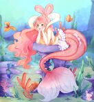  1girl bikini blue_eyes commentary daejroo english_commentary eyelashes fish fish_hair_ornament full_body hagoromo hair_ornament half_updo highres looking_at_viewer mermaid monster_girl one_piece pink_hair shawl shirahoshi sidelocks smile solo swimsuit underwater watermark yellow_bikini 