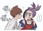  2boys black_hair blush brown_eyes brown_hair closed_mouth florian_(pokemon) gloves jacket kieran_(pokemon) long_sleeves male_focus mole mole_on_neck multicolored_hair multiple_boys off_shoulder open_clothes open_jacket partially_visible_vulva pokemon pokemon_sv purple_hair red_gloves simple_background sound_effects tank_top upper_body white_background white_jacket yaoi yellow_eyes yuu_(yuuka_8018) 