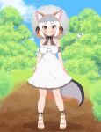  1girl absurdres animal_ears brown_hair dress extra_ears fox_ears fox_girl fox_tail full_body gloves grey_hair hat highres island_fox_(kemono_friends) kemono_friends kemono_friends_v_project long_hair looking_at_viewer mayo3432 outdoors ribbon sandals sleeveless solo sundress tail virtual_youtuber yellow_eyes 