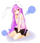  animal_ears arm_up bare_legs bare_shoulders barefoot black_skirt blush bunny_ears circle collarbone dress full_body hand_on_own_cheek hand_on_own_face highres long_hair purple_hair red_eyes reisen_udongein_inaba simple_background sitting skirt solo sparkle sweat sweatdrop touhou very_long_hair yukina_(masyumaro610) 