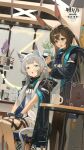  2girls :d :o amiya_(arknights) animal_ear_fluff animal_ears arknights black_jacket blue_eyes breasts brown_hair brown_pantyhose cat_ears cat_girl cat_tail commentary_request copyright_name cup dolosse dress english_text faucet flower green_eyes grey_hair hair_tie highres holding_another&#039;s_hair hood hood_down infection_monitor_(arknights) jacket jewelry lavender_(flower) mug multiple_girls multiple_rings official_art open_mouth pantyhose plant potted_plant rabbit_ears rabbit_girl ring rosmontis_(arknights) sitting smile standing steam tail tying_another&#039;s_hair white_dress 