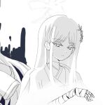  1girl bandaged_arm bandaged_hand bandages blue_archive colored_eyelashes cropped hair_ornament halo long_hair nagusa_(blue_archive) ponporu snowflake_hair_ornament solo upper_body white_eyelashes white_eyes white_hair white_halo 