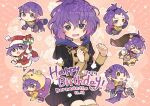  1girl animal_ears armor artist_name bernadetta_von_varley bernadetta_von_varley_(spring) bernadetta_von_varley_(summer) bernadetta_von_varley_(timeskip) bernadetta_von_varley_(winter) bike_shorts black_shorts bow breastplate chibi christmas dress earrings epaulettes fire_emblem fire_emblem:_three_houses fire_emblem_warriors:_three_hopes flower garreg_mach_monastery_uniform glitter gloves grey_eyes hair_ornament halftone halftone_background hat holding hood hood_up hoodie jewelry long_sleeves looking_at_viewer messy_hair multiple_views open_mouth pauldrons purple_hair quiver santa_hat scarf sea_stars seashell shell short_dress short_hair shorts shorts_under_skirt shoulder_armor signature skirt tefutene 