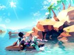  1other 2boys 2girls absurdres barefoot deltarune elnina_(deltarune) furry furry_female furry_male geckkoo goat_boy goat_horns highres holding holding_oar horns island kris_(dark_world)_(deltarune) kris_(deltarune) multiple_boys multiple_girls oar ocean palm_tree pier raft ralsei reptile_girl sitting sun sunlight susie_(dark_world)_(deltarune) susie_(deltarune) the_original_starwalker tree water 