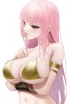  1girl absurdres armlet bare_shoulders bikini blush bracer breasts collarbone commentary english_commentary highres hololive hololive_english huge_breasts jewelry long_hair mori_calliope navel open_mouth pink_eyes pink_hair sexually_suggestive simple_background solo somebody_(leiking00) stomach swimsuit tongue tongue_out virtual_youtuber white_background yellow_bikini 