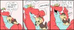 2023 anthro blush bovid brown_body caprine comic compliment cuddling cute_fangs dated daztoons dialogue dragon duo english_text eyes_closed fangs finger_on_head fur gesture hand_gesture hands_together happy hi_res horn jago_(daztoons) kneeling_on_another larger_on_bottom looking_at_another male male/male mammal mythological_creature mythological_scalie mythology on_top_of overbite pointing pointing_up red_body scalie sheep shervin_(daztoons) signature size_difference smaller_on_top teeth text wool_(fur)