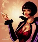  1girl black_hair blunt_bangs bob_cut cigarette commentary_request eyelashes holding holding_cigarette jewelry long_sleeves necklace one_piece oregano551 parted_lips pearl_necklace red_lips shakuyaku_(one_piece) smoke solo twitter_username upper_body 