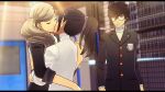  1boy 2girls absurdres amamiya_ren artist_name black_hair blonde_hair closed_eyes commentary commission couple crying english_commentary highres hug kiss letterboxed looking_at_another multiple_girls persona persona_5 personaparadise ponytail rooftop school_uniform smile suzui_shiho takamaki_anne twintails watermark yuri 