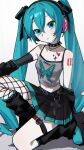  1girl aqua_eyes aqua_hair aqua_trim arm_on_knee artist_name belt black_leg_warmers black_skirt black_sleeves blush breasts choker chromatic_aberration cleavage commentary_request cross_tattoo detached_sleeves double-parted_bangs hair_between_eyes hair_ribbon hatsune_miku headphones heart heart_tattoo highres jewelry leg_warmers looking_at_viewer midriff_peek myuga66666 necklace number_tattoo on_one_knee pleated_skirt ribbon skirt small_breasts solo spiked_choker spikes tattoo thigh_strap twintails vocaloid 