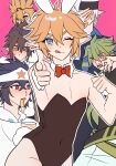 6+boys alternate_costume animal_ears anmicius aotu_world bare_arms bare_shoulders black_hair black_hairband black_headband black_leotard black_shirt black_vest blonde_hair blue_eyes blue_necktie blue_shirt blush bow bowtie brown_hair chinese_commentary closed_eyes closed_mouth collared_shirt covered_navel covering_own_eyes crossdressing cup detached_collar drooling fake_animal_ears fake_tail flying_sweatdrops godrose_(aotu_world) green_hair grey_(aotu_world) hair_between_eyes hairband hand_on_own_face hand_up headband highres holding holding_cup hood hood_down hoodie king_(aotu_world) laomotoula leotard licking_lips long_hair looking_at_viewer low_ponytail male_focus male_harem male_playboy_bunny multicolored_eyes multiple_boys necktie one_eye_closed open_mouth outline pectoral_cleavage pectorals pink_background playboy_bunny pointing pointing_at_viewer pointy_ears ponytail purple_eyes rabbit_ears rabbit_tail ray_(aotu_world) red_bow red_bowtie red_eyes shirt short_hair simple_background smile star_(symbol) star_print strapless strapless_leotard sweatdrop tail thumbs_up tongue tongue_out trap vest white_hair white_headband white_hoodie white_outline xander_(aotu_world) yaoi yellow_eyes 