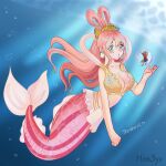  1boy 1girl annie54993397 bikini blue_eyes blue_shorts breasts character_name cleavage commentary earrings english_commentary fish_hair_ornament full_body giant giantess hagoromo hair_ornament highres jewelry mermaid monkey_d._luffy monster_girl one_piece pink_hair red_shirt shawl shell shell_earrings shirahoshi shirt shorts sidelocks swimsuit underwater yellow_bikini 