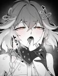  2girls blush body_markings braid bright_pupils changli_(wuthering_waves) collar commentary_request female_pov female_rover_(wuthering_waves) finger_in_another&#039;s_mouth gloves hair_extensions hair_ornament half-closed_eyes heart highres licking_another&#039;s_finger looking_at_viewer multiple_girls open_mouth orange_eyes partially_fingerless_gloves portrait pov pov_hands ring_hair_extensions rover_(wuthering_waves) spot_color starblame sweat twin_braids white_pupils wuthering_waves 
