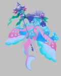  1girl ariemon blue_hair blue_skin colored_skin digimon digimon_(creature) facial_mark forehead_mark full_body grey_background highres holding holding_staff isei0212 japanese_clothes kimono long_sleeves pink_eyes pink_kimono simple_background solo staff water wide_sleeves 