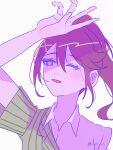  1girl collared_shirt commentary goto_akira green_eyes green_jacket highres ikizulive!_love_live!_bluebird jacket kzkz_lvlv love_live! pinstripe_jacket pinstripe_pattern purple_theme shirt short-sleeved_jacket short_sleeves simple_background single_off_shoulder solo what_is_my_life?_(love_live!) white_background white_shirt 