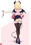  1girl absurdres ass bandaid bandaid_on_pussy black_horns black_shoes black_skirt black_tail black_thighhighs black_wings blonde_hair breasts clothes_lift commentary_request crotchless crotchless_panties demon_girl demon_horns demon_tail demon_wings facing_away from_behind full_body gradient_hair high_heels highres holding holding_panties holding_underwear holding_unworn_clothes hololive horn_ornament horns johnny_(braun-kan_cafe) lace-trimmed_legwear lace_trim large_breasts long_hair multicolored_hair panties pink_shirt red_hair shirt shoes skirt skirt_lift sleeveless sleeveless_shirt solo standing tail thighhighs underwear unworn_panties virtual_youtuber wings yuzuki_choco 