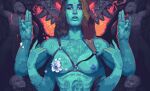  1girl black_eyes blue_skin bra_strap brown_hair chest_tattoo colored_skin contra_bonos covering_nipples covering_one_nipple covering_privates cross-eyed extra_arms eyeshadow flower flower_tattoo hair_over_shoulder highres looking_at_viewer makeup multiple_limbs nipples nude o-ring_bra open_mouth original prithvi_mudra red_eyeshadow scales solo statue stomach_tattoo tattoo teeth upper_body white_flower 