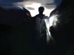  1boy belt black_shirt black_wings coat collared_shirt fading feathered_wings full_body glowing glowing_eyes highres limited_palette looking_at_viewer macaronijail male_focus omniscient_reader&#039;s_viewpoint shaded_face shadow shirt solo spotlight white_coat wings 