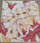  4girls :d ;d ascot bandaid bandaid_on_head blonde_hair blush collared_shirt commentary_request crossed_bandaids fang flandre_day flandre_scarlet four_of_a_kind_(touhou) hair_between_eyes hand_on_another&#039;s_shoulder hashtag-only_commentary hat hat_ribbon highres long_hair looking_at_viewer marker_(medium) mob_cap moni_monico multiple_girls one_eye_closed open_mouth puffy_short_sleeves puffy_sleeves red_eyes red_ribbon red_skirt red_vest ribbon shirt short_sleeves skin_fang skirt smile tearing_up torn_ascot torn_clothes touhou traditional_media vest white_hat white_shirt wings wrist_cuffs yellow_ascot 