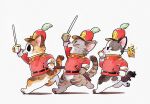  3others absurdres animal_ears animal_feet animal_hands animalk black_eyes black_fur bottomless brown_fur calico_(pattern) cat_ears cat_tail closed_eyes coat commentary digitigrade furry hat highres holding holding_sword holding_weapon multiple_others open_mouth original other_focus pawpads red_coat red_hat running simple_background smile striped_fur sword symbol-only_commentary tail weapon white_background white_fur 