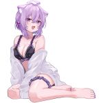  1girl :3 :d ahoge animal_ears barefoot black_bra bra braid cat_ears cat_girl cat_tail closed_mouth crossed_bangs double-parted_bangs fang frilled_bra frills full_body gong_xu_yamii hair_between_eyes hair_ribbon highres hololive jacket lace-trimmed_bra lace_trim lingerie looking_at_viewer nail_polish nekomata_okayu off_shoulder open_mouth purple_eyes purple_hair purple_nails red_ribbon ribbon short_hair side_braids simple_background sitting skin_fang sleeves_past_fingers sleeves_past_wrists smile solo tail thigh_scrunchie toenail_polish toenails transparent_background underwear virtual_youtuber white_jacket yokozuwari 