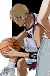  1girl ace_attorney aged_down alternate_costume amikoiiko ankle_socks apollo_justice:_ace_attorney ball basketball_(object) basketball_jersey basketball_shorts basketball_uniform black_background black_sleeves blonde_hair blue_eyes blue_trim calves closed_mouth collarbone cross-laced_shoes dark-skinned_male dark_skin deltoids earrings elbow_sleeve ema_skye fingernails foot_out_of_frame from_behind hand_on_own_hip high_tops highres holding holding_ball initial jewelry klavier_gavin light_smile male_focus mismatched_eyebrows pants pocket red_trim shirt shoes short_hair shorts simple_background single_earring single_sleeve sitting sleeveless sleeveless_shirt sneakers socks sportswear sternocleidomastoid_muscle track_pants two-tone_background white_background white_jersey white_pants white_shoes white_shorts 