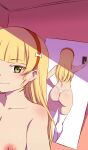  1girl absurdres ass blonde_hair blunt_bangs box_wonderland breasts closed_mouth commentary full-length_mirror green_eyes hairband heanna_sumire highres holding holding_phone indoors large_breasts long_hair looking_at_viewer love_live! love_live!_superstar!! mirror nipples phone red_hairband reflection reflection_focus selfie smile solo taking_picture thighhighs topless_female white_thighhighs 