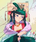  1girl blue_eyes blunt_bangs branch cesar_art456 closed_mouth collarbone earrings flower fur_trim green_hair hair_flower hair_ornament highres jewelry kusuriya_no_hitorigoto long_hair long_sleeves looking_to_the_side makeup maomao_(kusuriya_no_hitorigoto) solo wide_sleeves 