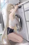  1girl absurdres armpits asuna_(blue_archive) asymmetrical_bangs bare_shoulders black_shorts blonde_hair blue_archive blue_eyes blue_halo breasts camisole grin hair_over_one_eye halo highres jianjia large_breasts long_hair looking_at_viewer midriff refrigerator short_shorts shorts sideboob slippers smile solo squatting stove very_long_hair washing_machine white_camisole 