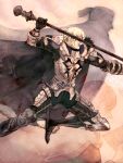  1girl 3boys absurdres arm_up armor armored_legwear black_boots black_fur blonde_hair blue_cape book boots breastplate cape covered_mouth dedue_molinaro dedue_molinaro_(timeskip) dimitri_alexandre_blaiddyd dimitri_alexandre_blaiddyd_(king_of_faerghus) dimitri_alexandre_blaiddyd_(timeskip) eula_rito faulds felix_hugo_fraldarius felix_hugo_fraldarius_(timeskip) fire_emblem fire_emblem:_three_houses foot_out_of_frame fur_trim highres holding holding_book holding_polearm holding_weapon male_focus multiple_boys open_mouth outstretched_arm polearm ponytail profile short_ponytail shouting teeth upper_teeth_only weapon white_fur 