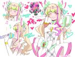  2girls :3 ? ?? arrow_through_heart beads black_bow black_dress blonde_hair bow bow-shaped_hair bracelet chibi circlet closed_mouth collared_dress colored_tips cowboy_shot cropped_torso cure_kiss cure_zukyuun detached_sleeves dot_nose dress earrings elbow_gloves eyelashes eyes_visible_through_hair eyeshadow gloves gold_bracelet green_hair grey_dress grey_ribbon grin hair_beads hair_bow hair_ornament hair_ribbon heart heart-shaped_eyes high_collar highres holding holding_microphone idol jewelry kimi_to_idol_precure layered_dress light_blush lipstick long_hair magical_girl makeup meroron_(precure) microphone multicolored_hair multiple_earrings multiple_girls multiple_views music musical_note musical_note_hair_ornament o_o one_eye_closed open_clothes open_dress orange_eyeshadow outstretched_hand parted_bangs pink_hair pink_lips plaid_bow plaid_clothes plaid_dress plaid_ribbon pleated_sleeves precure puffy_short_sleeves puffy_sleeves purirun_(precure) purple_hair ribbon shirako_love short_sleeves sidelocks simple_background singing single_detached_sleeve sleeveless sleeveless_dress smile sphere_earrings streaked_hair translation_request waist_bow wavy_hair white_background white_bow white_dress white_gloves white_sleeves 