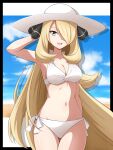  1girl :d absurdres alternate_costume arrow_(symbol) bikini blonde_hair breasts cleavage cloud commentary cowboy_shot cynthia_(pokemon) day eyelashes grey_eyes hair_ornament hair_over_one_eye hand_up hat highres long_hair looking_at_viewer navel open_mouth pokemon pokemon_dppt shabana_may sky smile solo sun_hat swimsuit teeth tongue upper_teeth_only white_bikini white_hat 