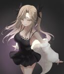  1girl ahri_(league_of_legends) bare_shoulders black_background black_bow black_dress blush bow breasts brown_hair cleavage commission djmax djmax_respect dress eikawa_suru highres jacket large_breasts long_hair long_sleeves looking_at_viewer pixiv_commission simple_background smile solo twintails white_jacket yellow_eyes 
