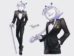  1boy ant_tenna black_bow black_bowtie black_jacket black_pants black_shoes bow bowtie cane character_name crt deltarune denden_kntn fangs gloves hand_in_pocket hand_on_cane hat highres holding holding_cane humanoid_robot jacket male_focus multiple_views object_head open_mouth pants pointy_nose robot shirt shoes simple_background smile white_background white_gloves white_hat white_shirt 