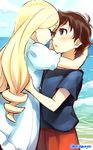  :o anna_(omoide_no_marnie) blonde_hair blue_dress blue_eyes blush brown_hair dress face-to-face hug long_hair marnie multiple_girls niina_ryou ocean omoide_no_marnie shirt short_hair short_sleeves t-shirt very_short_hair yuri 