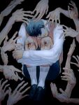  1boy black_background black_hair brown_vest bruise bruise_on_leg collared_shirt curled_up faceless full_body hand_on_another&#039;s_head head_tilt highres hugging_own_legs injury macaronijail male_focus oldest_dream omniscient_reader&#039;s_viewpoint on_ground out_of_frame reaching reaching_towards_another scraped_knee shirt short_hair sitting socks too_many_hands vest white_shirt white_socks 