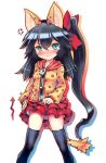  1girl ajitarou_(setsu) anger_vein animal_ears ass_visible_through_thighs balulu_alma black_hair black_thighhighs blue_eyes closed_mouth clothes_lift embarrassed emil_chronicle_online frilled_skirt frills hair_ribbon hood hooded_jacket jacket long_hair raised_inner_eyebrows red_ribbon red_skirt ribbon side_ponytail skirt skirt_lift tail tearing_up thighhighs white_background 
