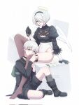  1boy 1girl 2b_(nier:automata) 9s_(nier:automata) adversarial_noise angel_wings black_boots black_hairband black_jacket black_shorts blue_eyes blush boots breasts cleavage cleavage_cutout clothing_cutout commentary english_commentary hair_over_one_eye hairband halo hetero highleg highleg_leotard highres hugging_another&#039;s_leg jacket lamdanthefish leotard mole mole_under_mouth nier:automata nier_(series) no_shoes puffy_sleeves red_lips short_hair shorts sitting small_breasts thighhighs twitter_username watermark white_hair wings 