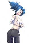 1girl ass blue_hair blush breasts choker exercise from_behind heavy_breathing large_breasts looking_back midriff open_mouth out_of_character pantylines ponytail red_eyes shadowbug_x skullgirls smile solo spandex sports_bra sweat valentine_(skullgirls) wristband 