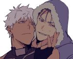  2boys archer_(fate) archer_alter_(fate) arm_up bare_shoulders black_shirt blue_hair closed_mouth commentary cu_chulainn_(caster)_(fate) cu_chulainn_(fate) dark-skinned_male dark_skin fate/grand_order fate_(series) fur-trimmed_hood fur_trim grey_eyes grin hand_on_another&#039;s_face highres hood hood_up jooojooo_oo looking_to_the_side male_focus multiple_boys red_eyes sanpaku shirt sideways_glance simple_background smile sweatdrop symbol-only_commentary teeth upper_body white_background white_hair 