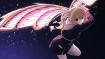  1girl :3 arimura_hinae blonde_hair blue_eyes chaos;child closed_mouth cropped_jacket d-sword dress_vest floating hekiho_academy hekiho_academy_school_uniform holding holding_sword holding_weapon hood huge_weapon long_hair miniskirt ribbon school_uniform skirt solo sword taba_neruko thighhighs twintails v-shaped_eyebrows weapon white_hood white_thighhighs 