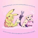 ambiguous_gender blush bodily_fluids clothed clothing costume crossdressing crying duo embarrassed female feral generation_1_pokemon generation_7_pokemon happy mimikyu nintendo pawpads pikachu pokemon pokemon_(species) sb_torchic scissors simple_background sitting sitting_on_ground tail tape tears tears_of_joy text trans_(lore)